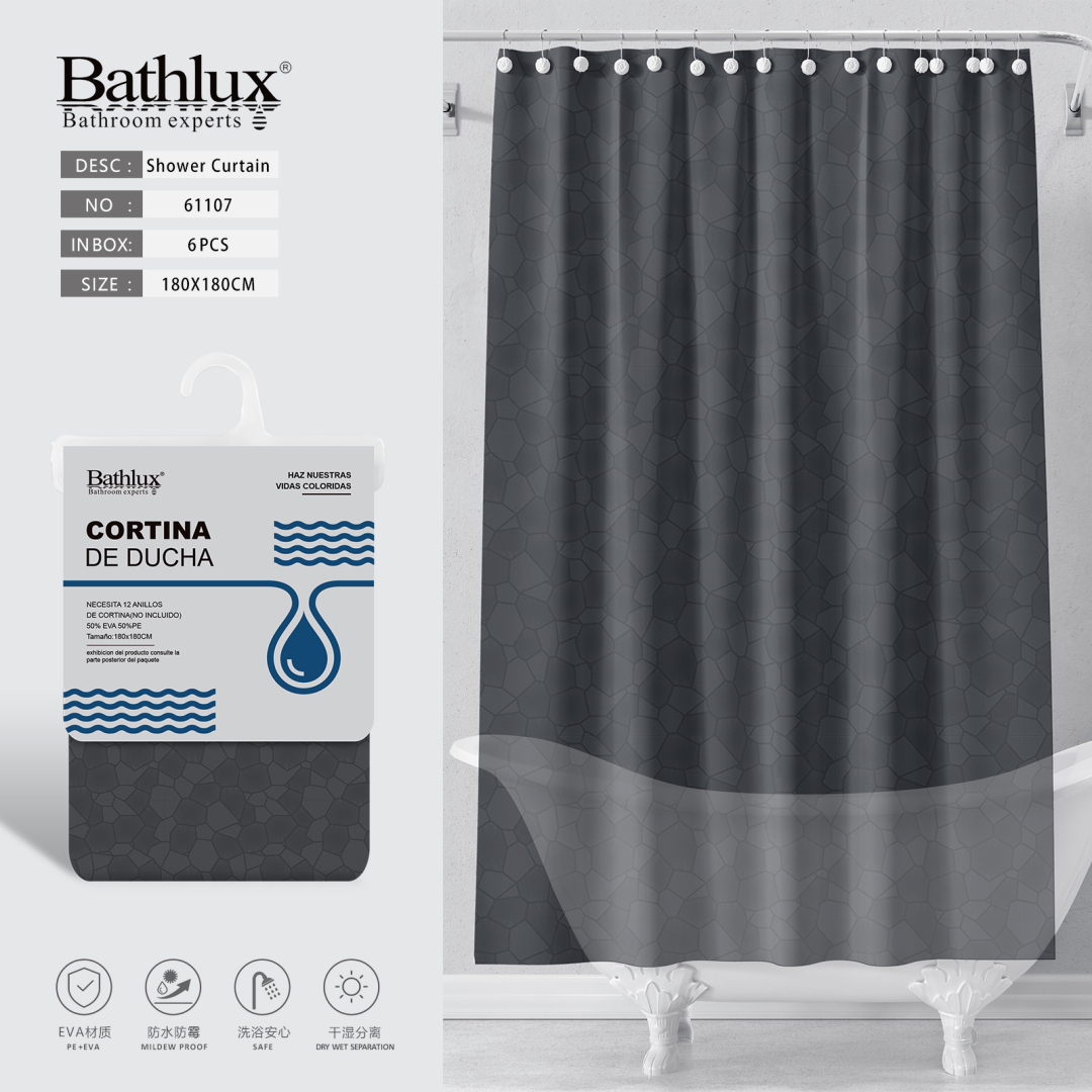 Штора для душу Bathlux темно-сіра з візерунком 180x180 см EVA водонепроникна Штора для душу Bathlux темно-сіра з візерунком 180x180 см EVA водонепроникна