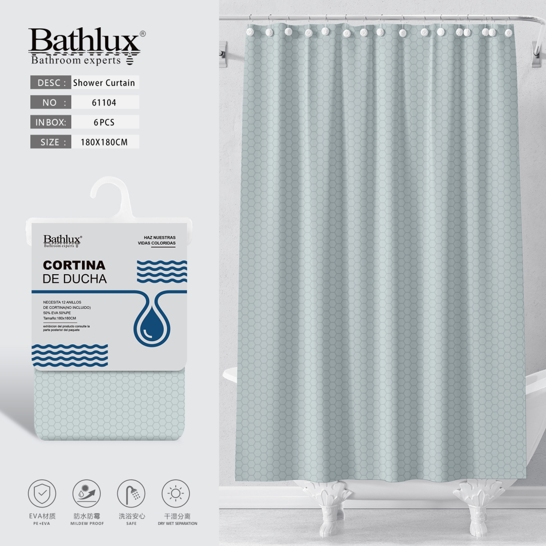 Шторка для душу Bathlux з візерунком стільника 180x180 см м'ятно-сіра EVA+PE Шторка для душу Bathlux з візерунком стільника 180x180 см м'ятно-сіра EVA+PE