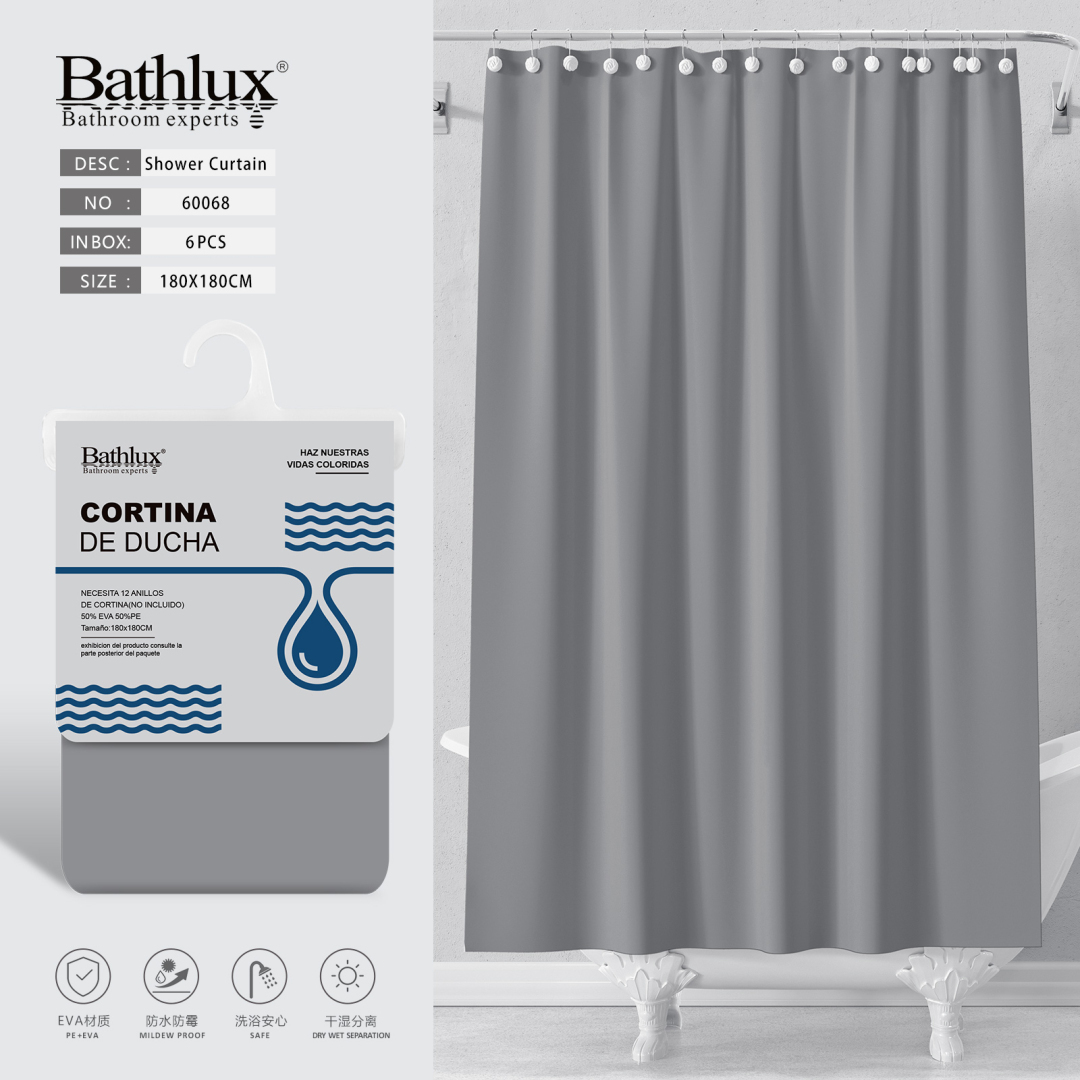 Штора для душу сіра Bathlux 180x180 см EVA водовідштовхувальна антигрибкова Штора для душу сіра Bathlux 180x180 см EVA водовідштовхувальна антигрибкова