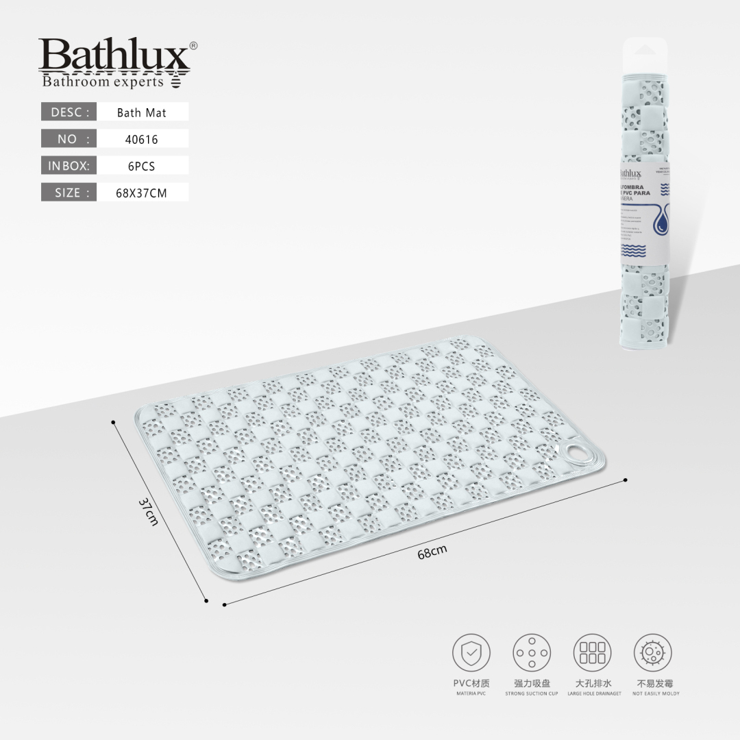 Килимок протиковзний для ванни Bathlux 68x37 см PVC прозорий з присосками Килимок протиковзний для ванни Bathlux 68x37 см PVC прозорий з присосками