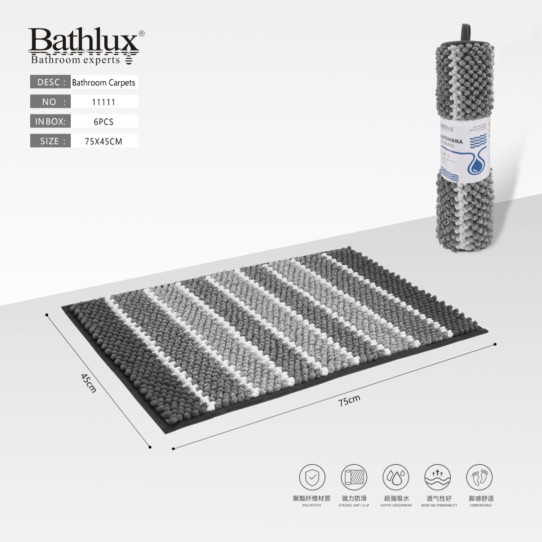 Килимок для ванної Bathlux сірий з білими смугами шеніл 75x45 см протиковзкий Килимок для ванної Bathlux сірий з білими смугами шеніл 75x45 см протиковзкий
