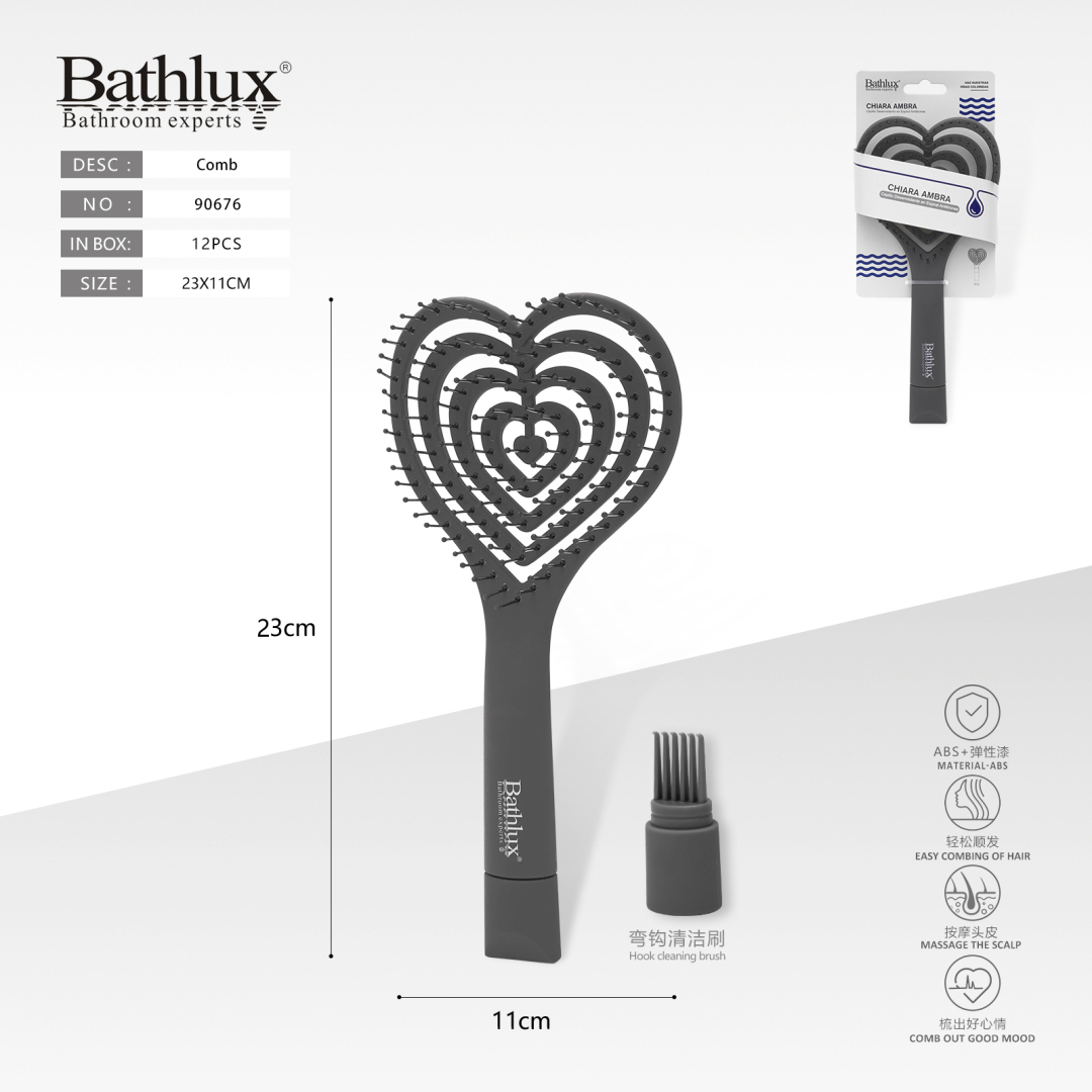 Щітка-розчіска для волосся Bathlux у формі серця темно-сіра 23x11 см з очисною щіткою Щітка-розчіска для волосся Bathlux у формі серця темно-сіра 23x11 см з очисною щіткою