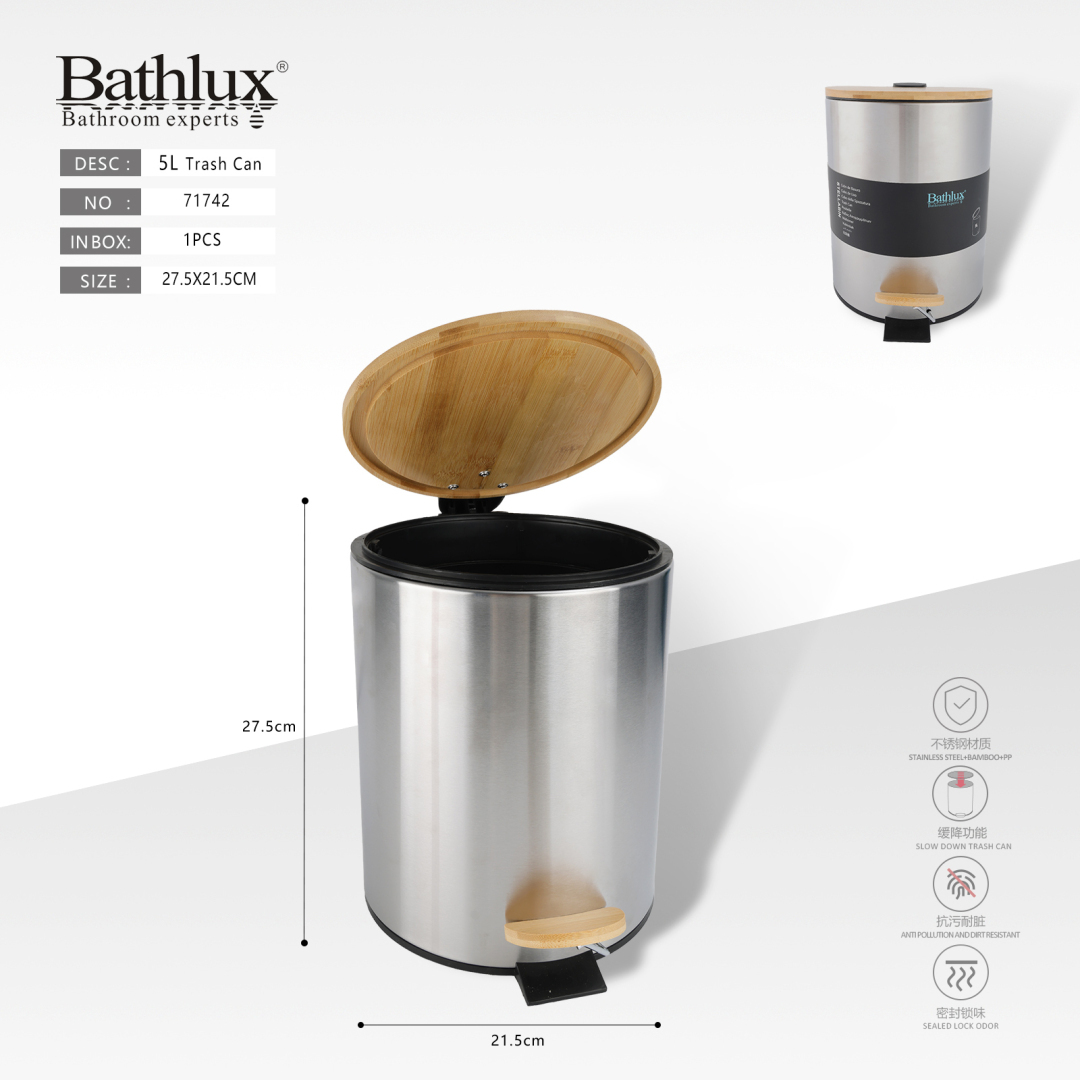 Відро для сміття Bathlux 5L з бамбуковою кришкою та педаллю, нержавіюча сталь, сріблясте Відро для сміття Bathlux 5L з бамбуковою кришкою та педаллю, нержавіюча сталь, сріблясте
