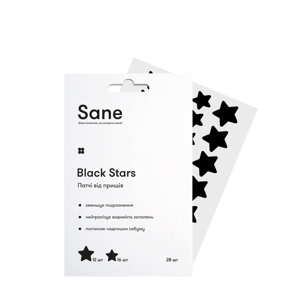 Патчі від прищів Sane Black Stars з олією чайного дерева, 28 шт Патчі від прищів Sane Black Stars з олією чайного дерева, 28 шт