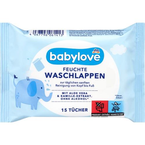Babylove Вологі серветки для немовлят Waschlappen 15шт Babylove Вологі серветки для немовлят Waschlappen 15шт