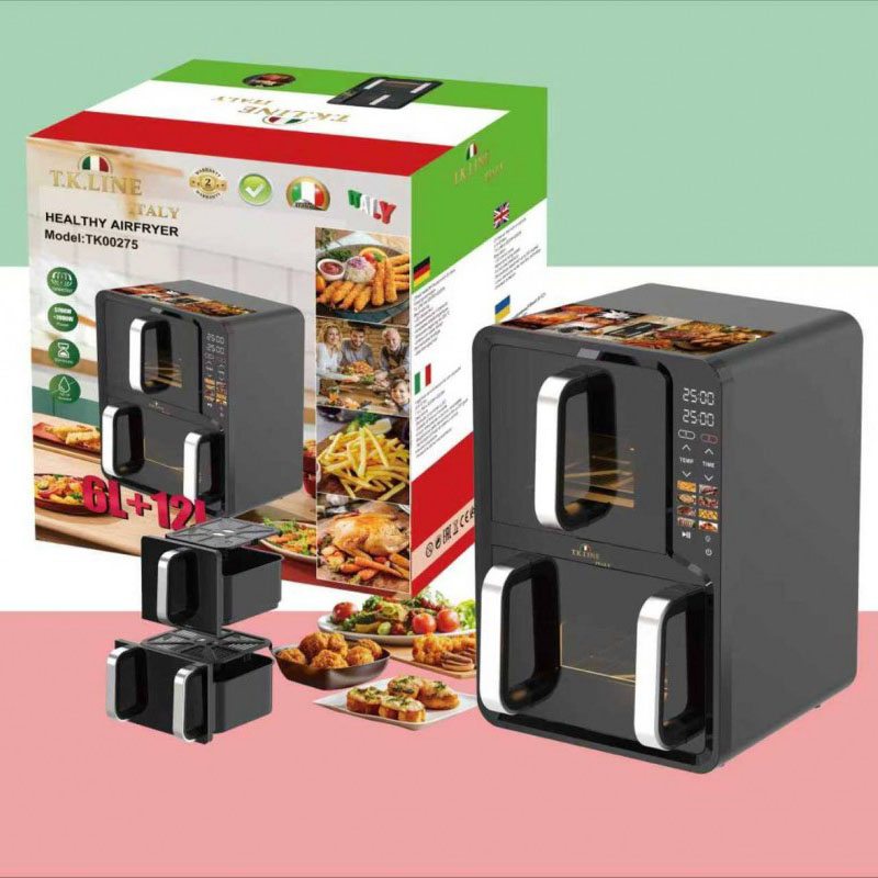 Двухкамерная аэрофритюрница T.K.Line TK00275 12л и 6л мощность 5200Вт + 2000Вт Двухкамерная аэрофритюрница T.K.Line TK00275 12л и 6л мощность 5200Вт + 2000Вт