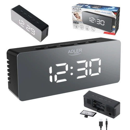 Настольные часы-будильник Adler AD 1189 Black с термометром, LED-подсветкой и USB-питанием Настольные часы-будильник Adler AD 1189 Black с термометром, LED-подсветкой и USB-питанием