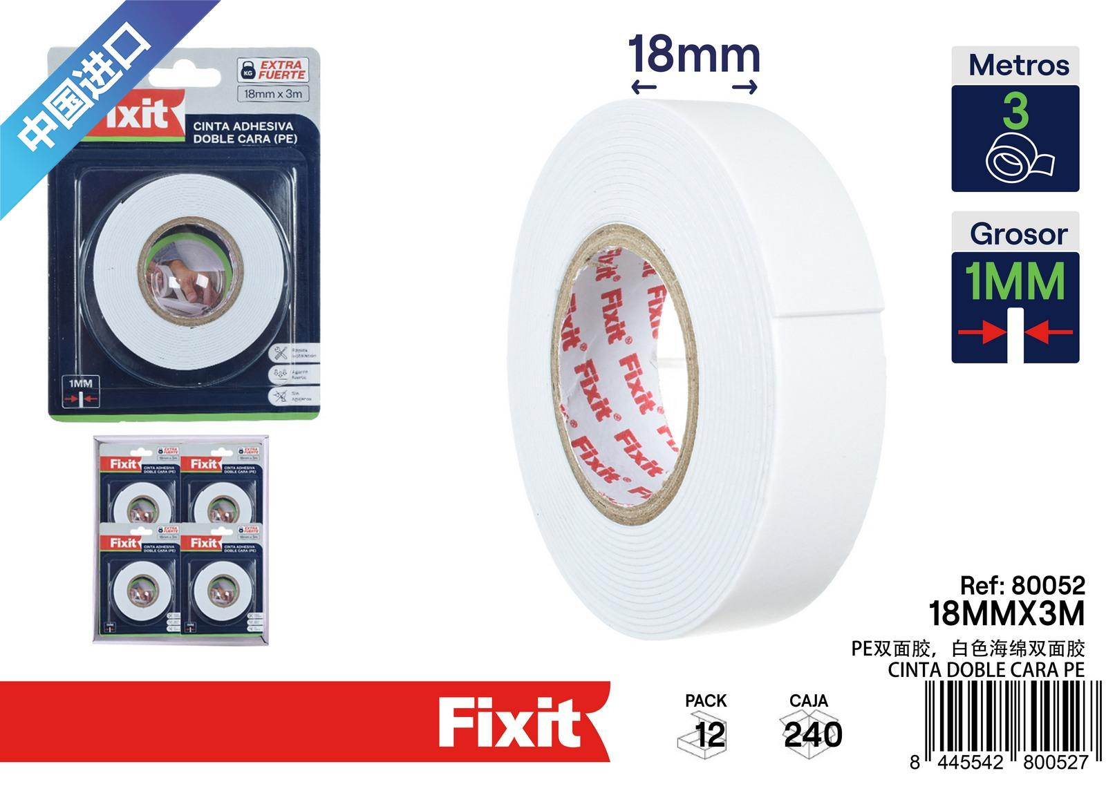 Двостороння поролонова стрічка Fixit PE біла 18мм x 3м товщина 1мм Двостороння поролонова стрічка Fixit PE біла 18мм x 3м товщина 1мм