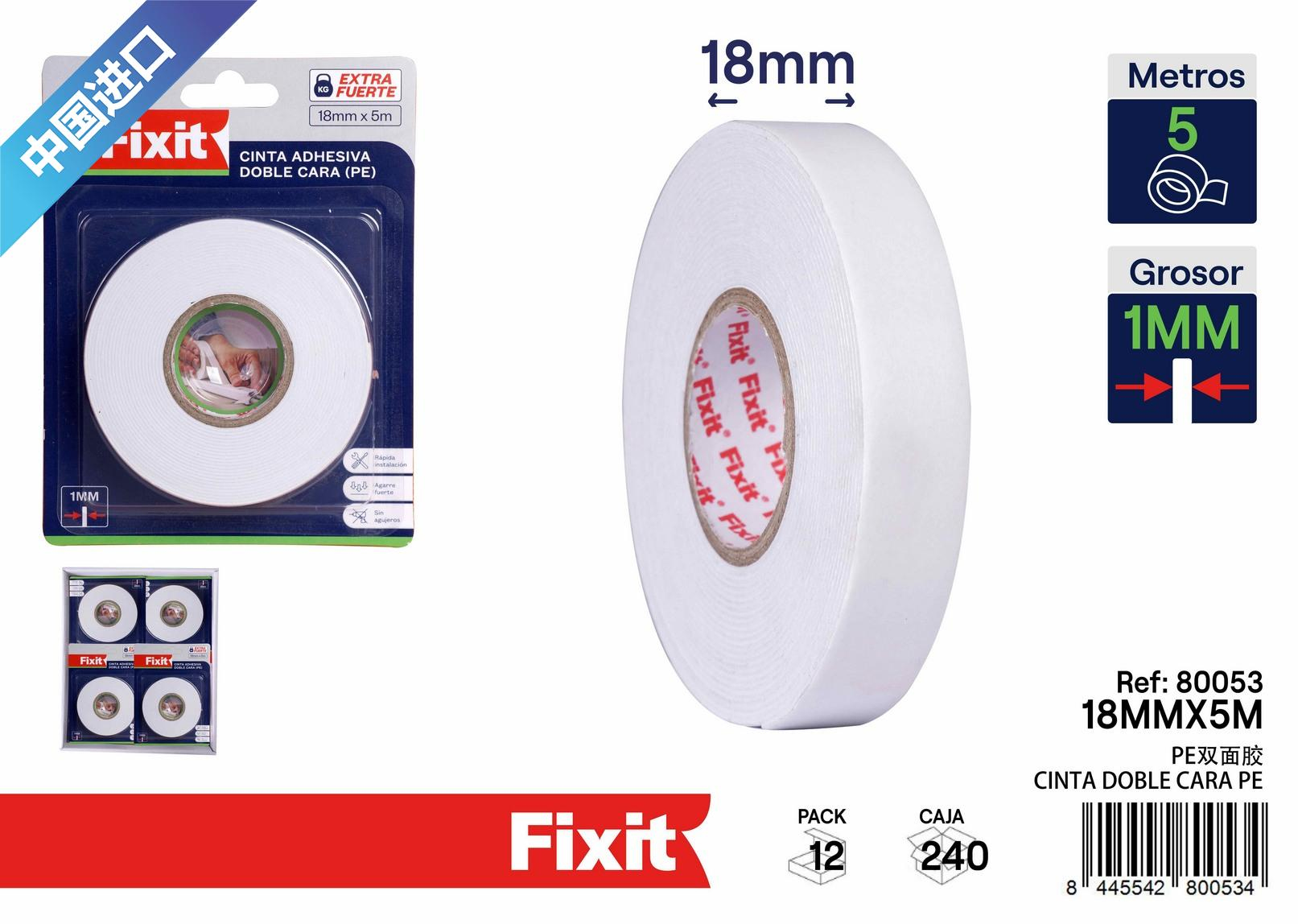 Двостороння клейка стрічка Fixit PE біла 18мм x 5м товщина 1мм екстра міцна Двостороння клейка стрічка Fixit PE біла 18мм x 5м товщина 1мм екстра міцна
