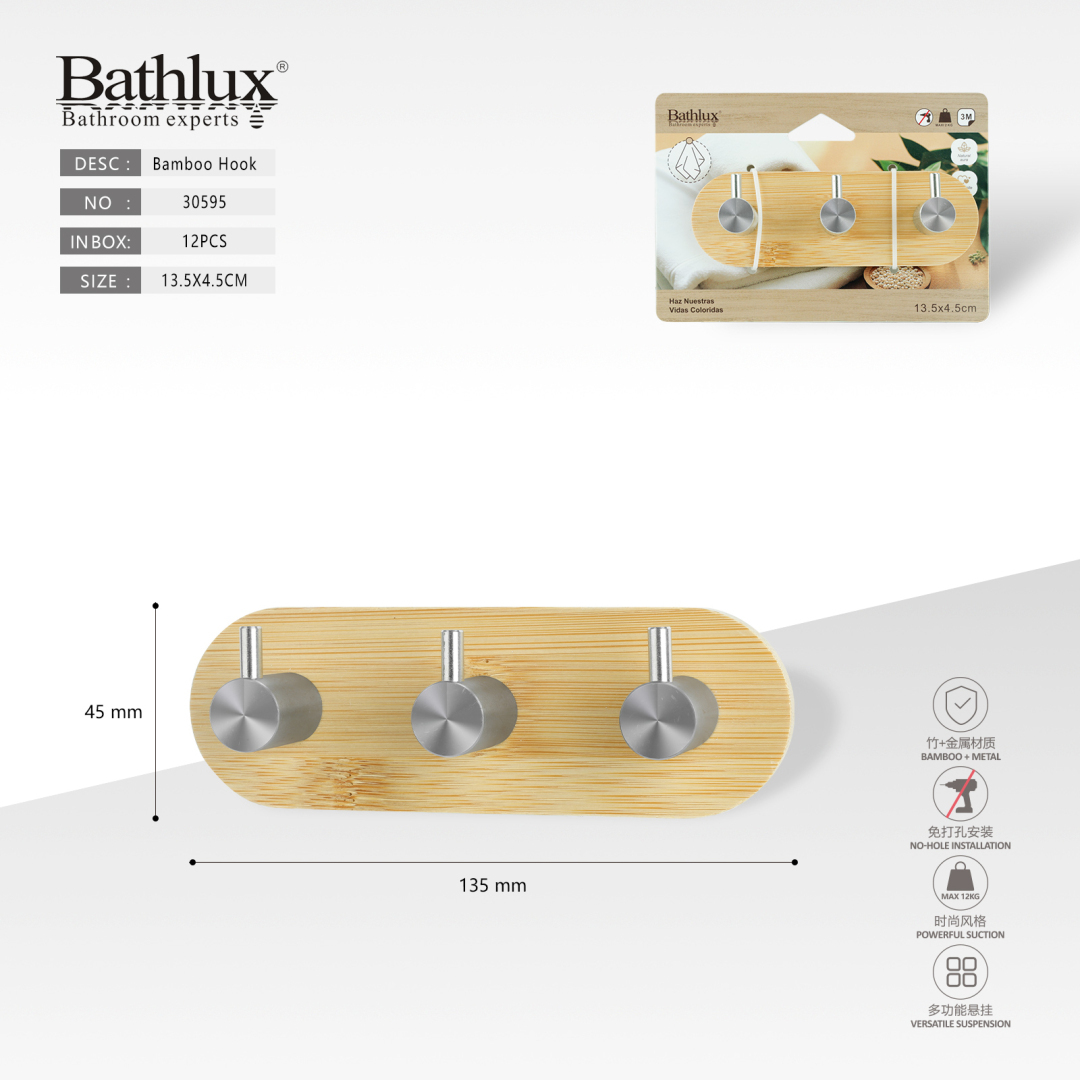 Настенный держатель из бамбука с 3 крючками Bathlux 13.5x4.5 см без сверления Настенный держатель из бамбука с 3 крючками Bathlux 13.5x4.5 см без сверления