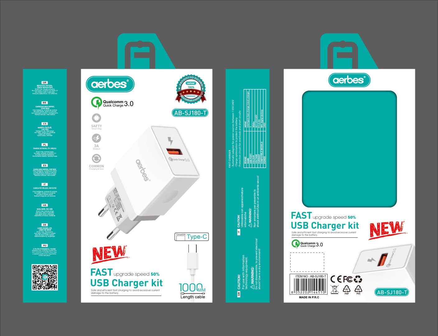 Зарядний пристрій Aerbes AB-SJ180-T Quick Charge 3.0 з кабелем Type-C 1м - 1USB 3A 220V Зарядний пристрій Aerbes AB-SJ180-T Quick Charge 3.0 з кабелем Type-C 1м - 1USB 3A 220V