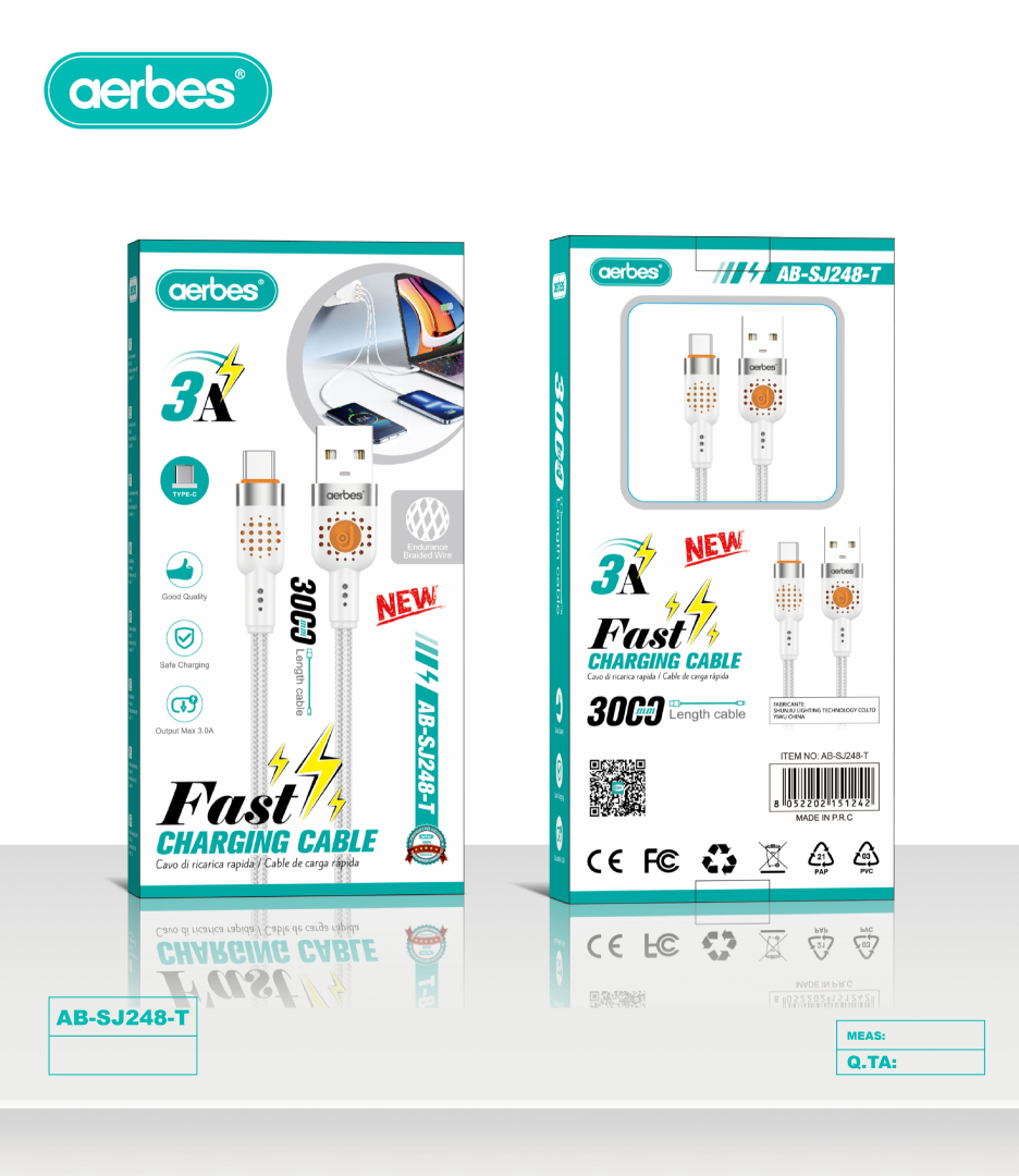 Кабель для швидкої зарядки Aerbes AB-SJ248-T USB - Type-C 3A 300 см з обплетенням білий Кабель для швидкої зарядки Aerbes AB-SJ248-T USB - Type-C 3A 300 см з обплетенням білий