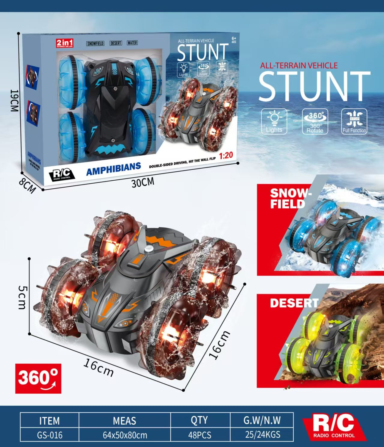 Радіокерована машина-амфібія Stunt 2 в 1 з LED підсвіткою і поворотом 360° масштаб 1:20 Радіокерована машина-амфібія Stunt 2 в 1 з LED підсвіткою і поворотом 360° масштаб 1:20