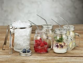 Набір скляних кухлів Mason Jar з металевими трубочками і кришками 4 шт Набір скляних кухлів Mason Jar з металевими трубочками і кришками 4 шт