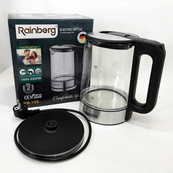 Дисковый электрический чайник Rainberg RB-709 2Л 2200Вт стеклянный с подсветкой, бесшумный чайник Black. Изображение №2