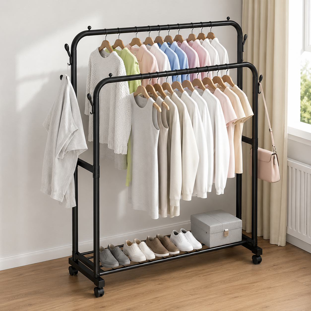 Двойная стойка вешалка для одежды Double floor Hanger с полкой для обуви 143х110х42 Black Двойная стойка вешалка для одежды Double floor Hanger с полкой для обуви 143х110х42 Black