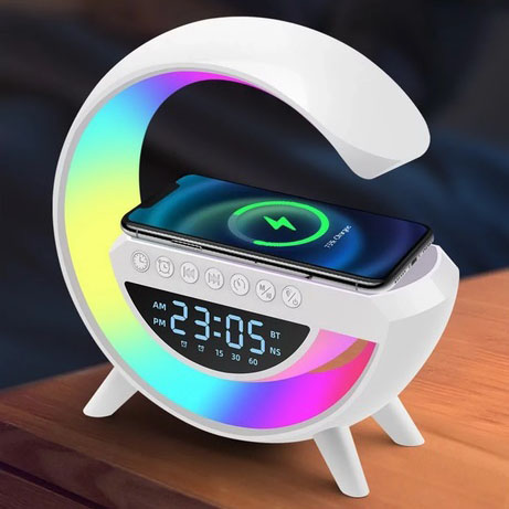 Настольная смарт лампа-ночник G-Smart BT-3401 с беспроводной зарядкой, колонкой и часами White Настольная смарт лампа-ночник G-Smart BT-3401 с беспроводной зарядкой, колонкой и часами White