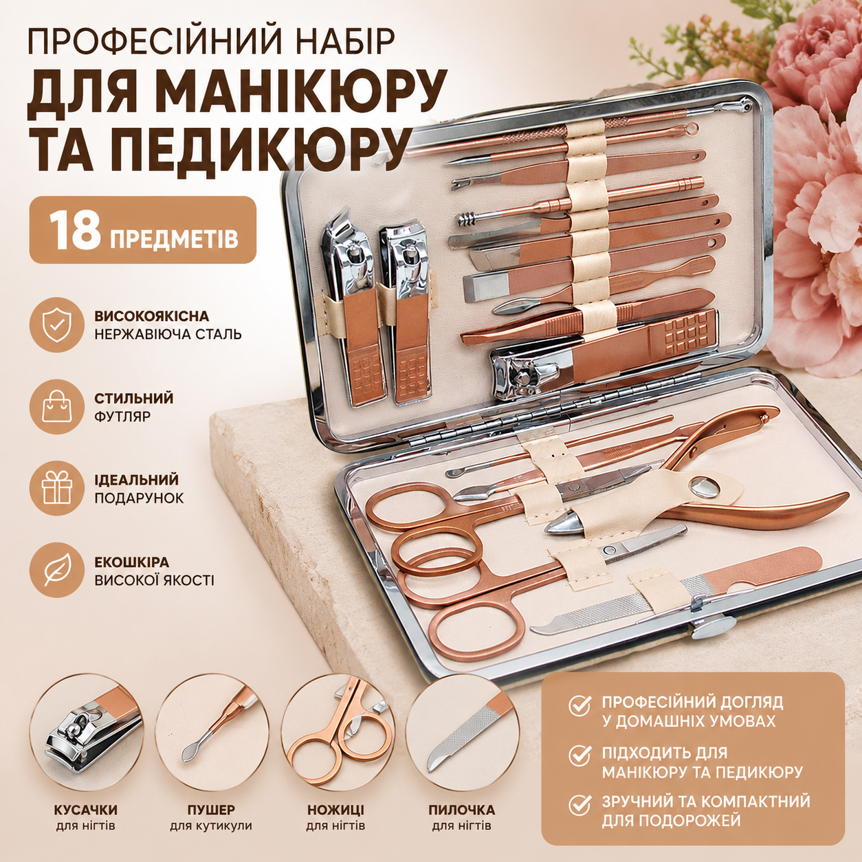 Професійний набір для манікюру та педикюру 18 предметів Професійний набір для манікюру та педикюру 18 предметів