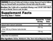 Betaine HCl Plus 250mg - 100 tabs. Зображення №2