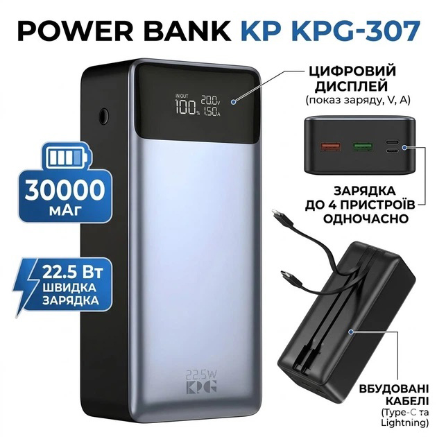 Повербанк KP KPG-307 22.5W 30000 mAh з вбудованими кабелями Type-C та Lightning швидка зарядка Повербанк KP KPG-307 22.5W 30000 mAh з вбудованими кабелями Type-C та Lightning швидка зарядка