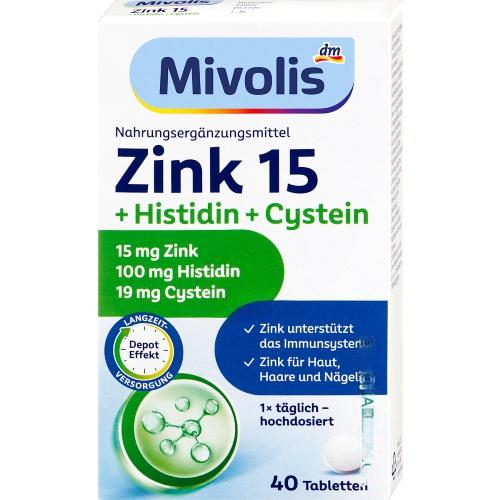 Mivolis Zink 15 + Histidin + Cystein 40 таблеток Mivolis Zink 15 + Histidin + Cystein 40 таблеток