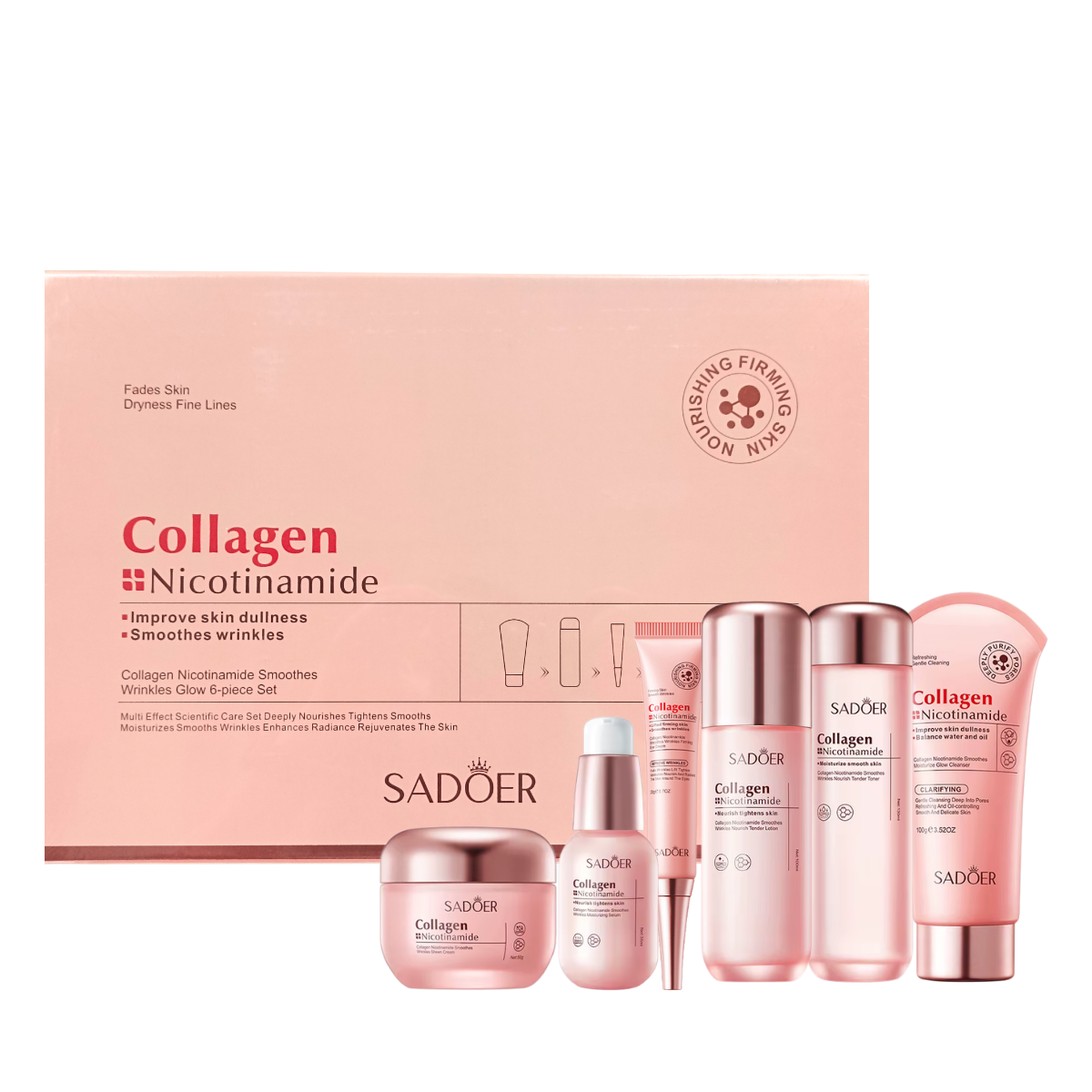 Подарунковий набір для обличчя Sadoer Collagen Nicotinamide, 6 продуктів Подарунковий набір для обличчя Sadoer Collagen Nicotinamide, 6 продуктів