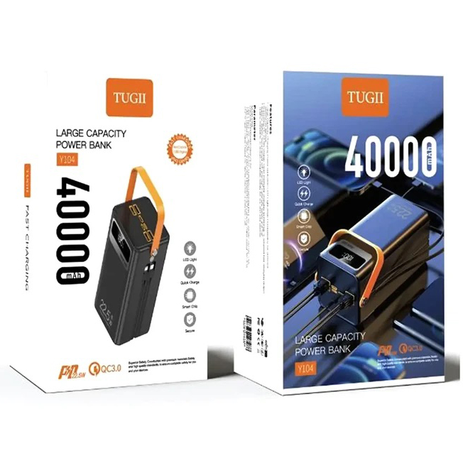 Зовнішній акумулятор Power Bank TUGII-Y104 40000mAh 22.5W з потужною LED-лампою та вбудованими кабелями Зовнішній акумулятор Power Bank TUGII-Y104 40000mAh 22.5W з потужною LED-лампою та вбудованими кабелями
