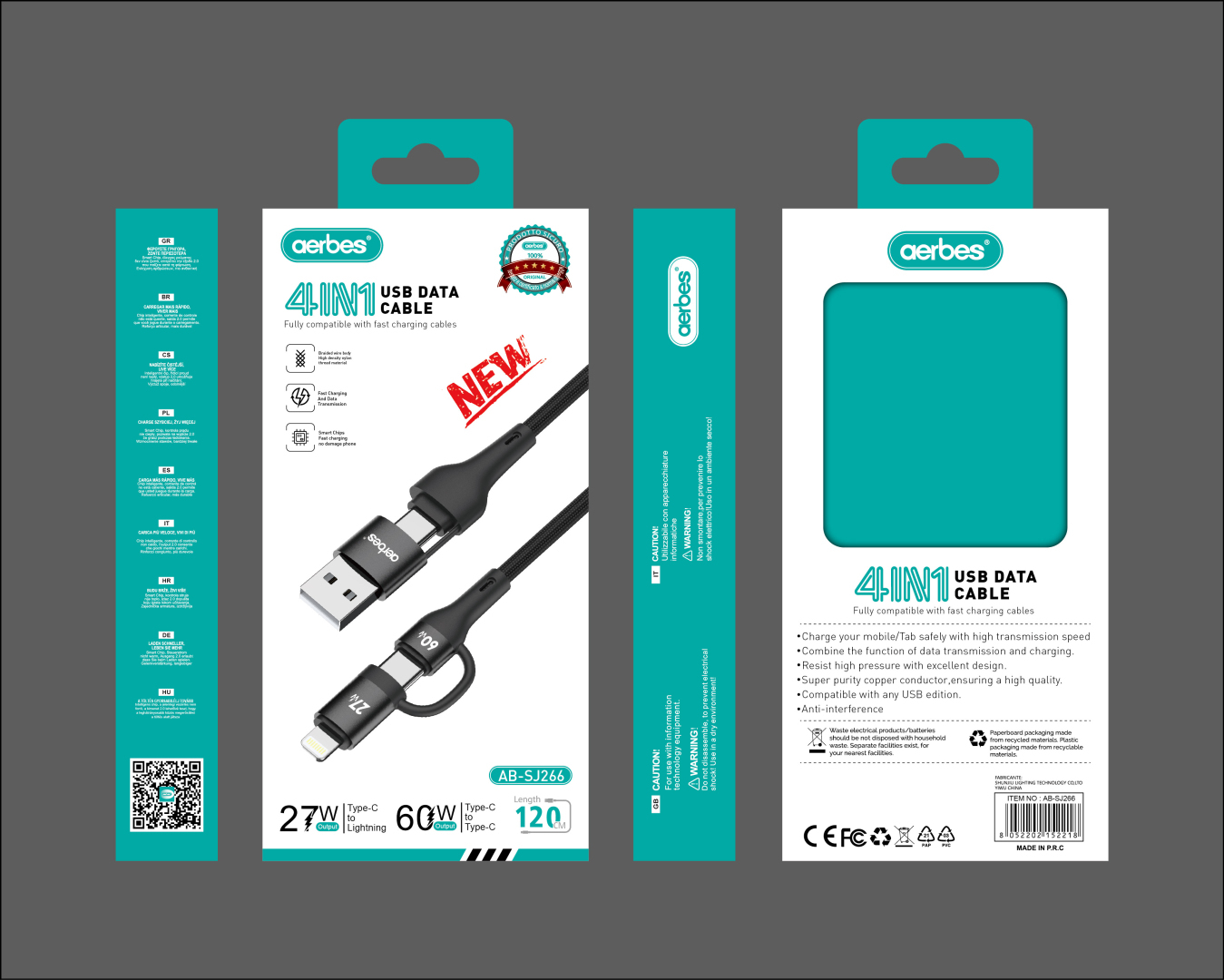 Кабель USB 4-в-1 Aerbes AB-SJ266 Type-C/Lightning 27W та 60W швидке заряджання 120 см чорний Кабель USB 4-в-1 Aerbes AB-SJ266 Type-C/Lightning 27W та 60W швидке заряджання 120 см чорний