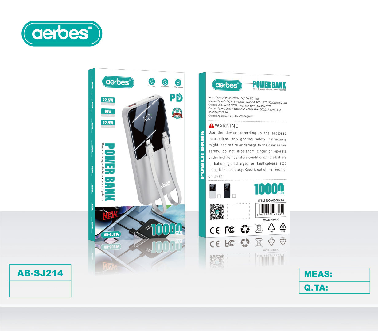 Power Bank Aerbes AB-SJ214 — 10000 mAh, PD 22.5W, із вбудованими кабелями Power Bank Aerbes AB-SJ214 — 10000 mAh, PD 22.5W, із вбудованими кабелями