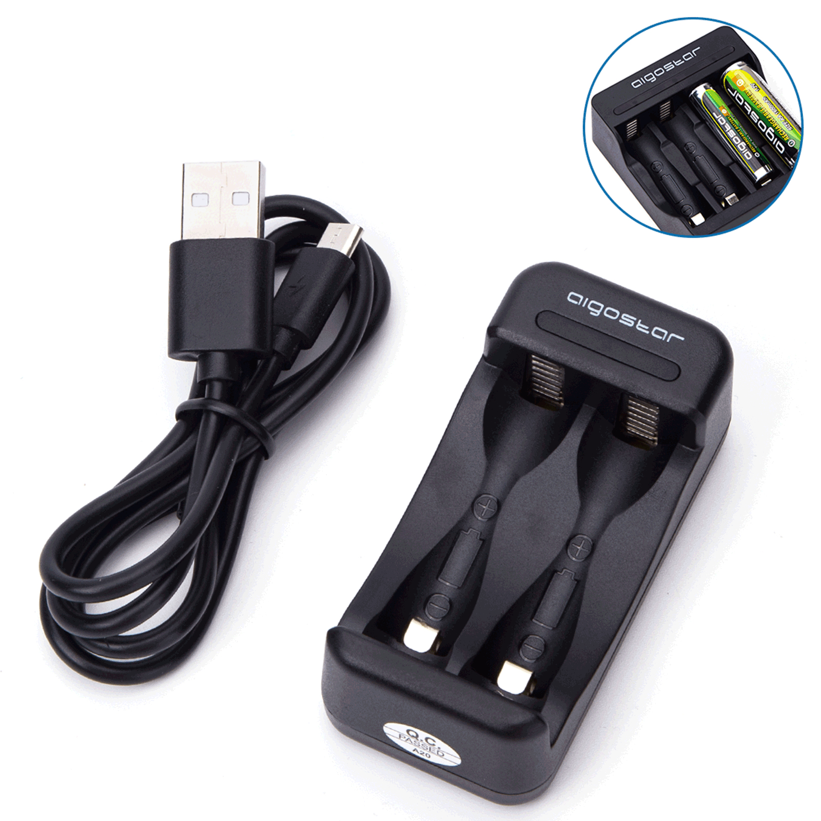 Зарядний пристрій Aigostar для батарейок AA та AAA 2 слоти USB Type-C чорний Зарядний пристрій Aigostar для батарейок AA та AAA 2 слоти USB Type-C чорний