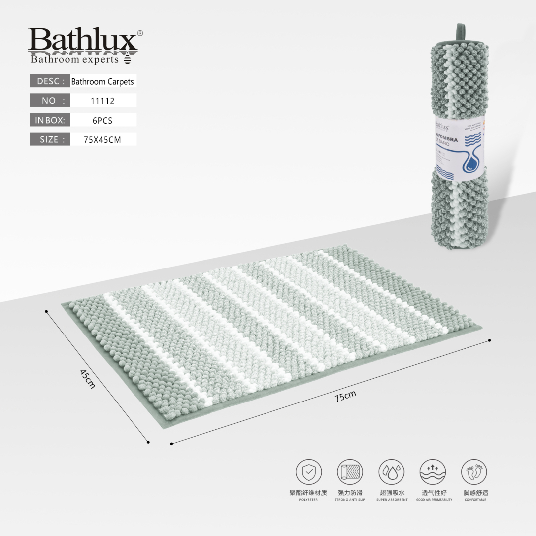 Коврик для ванной Bathlux шениловый 75x45 см зеленый с белыми полосами антискользящий Коврик для ванной Bathlux шениловый 75x45 см зеленый с белыми полосами антискользящий
