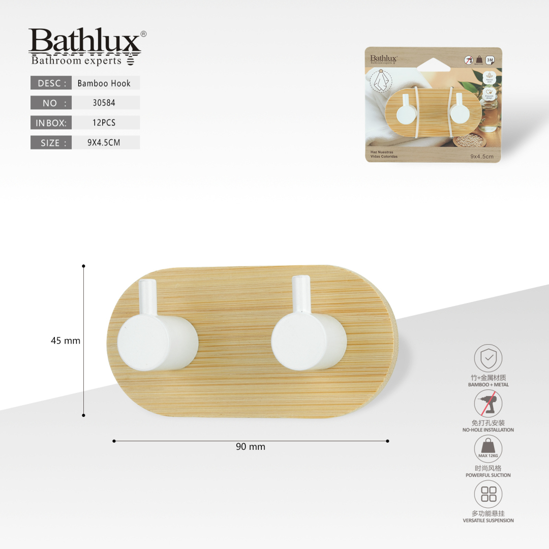 Двойной крючок для ванной Bathlux бамбук + метал 9x4.5 см белый на клейкой основе Двойной крючок для ванной Bathlux бамбук + метал 9x4.5 см белый на клейкой основе
