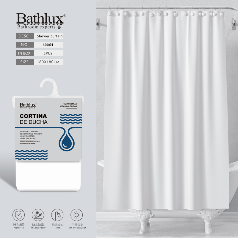 Шторка для душа Bathlux белая 180x180 см полиэстер водонепроницаемая с кольцами 60054 60054 60054 Шторка для душа Bathlux белая 180x180 см полиэстер водонепроницаемая с кольцами 60054 60054 60054