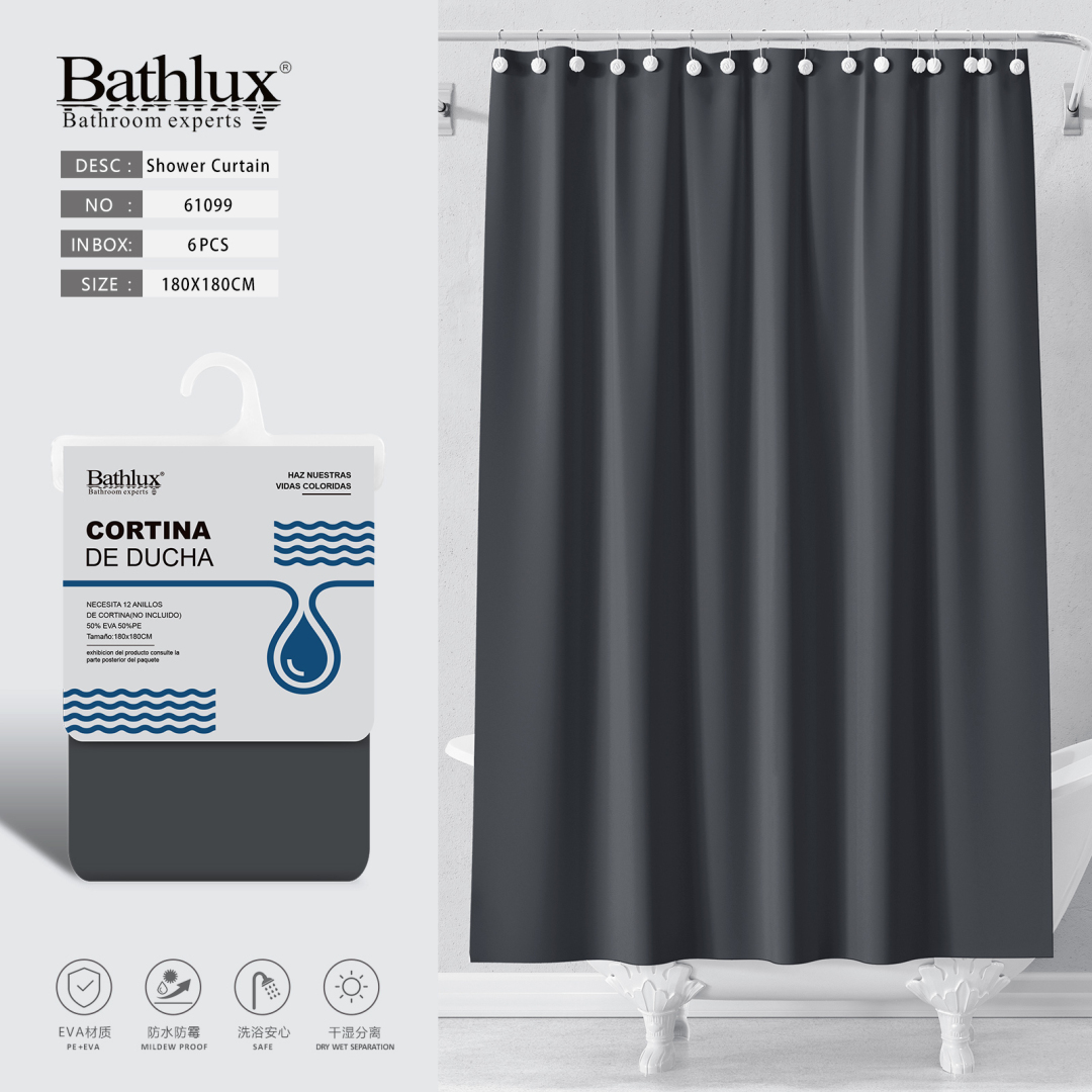 Шторка для душа Bathlux темно-серая 180x180 см водонепроницаемая EVA+PE антиплесень Шторка для душа Bathlux темно-серая 180x180 см водонепроницаемая EVA+PE антиплесень