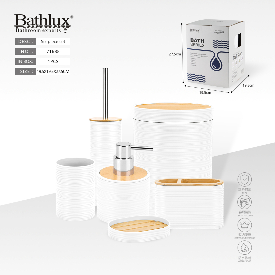 Набір аксесуарів для ванної Bathlux 6 предметів білий з бамбуком пластик 71688-Blanco 71688-Blanco Набір аксесуарів для ванної Bathlux 6 предметів білий з бамбуком пластик 71688-Blanco 71688-Blanco