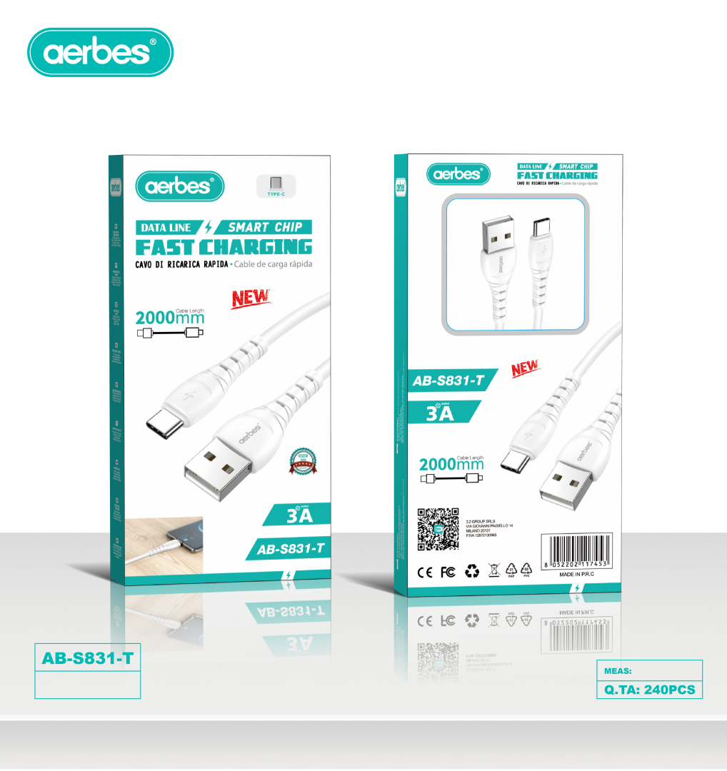 Кабель USB - Type-C Aerbes AB-S831-T швидке заряджання 3A 2м білий Кабель USB - Type-C Aerbes AB-S831-T швидке заряджання 3A 2м білий