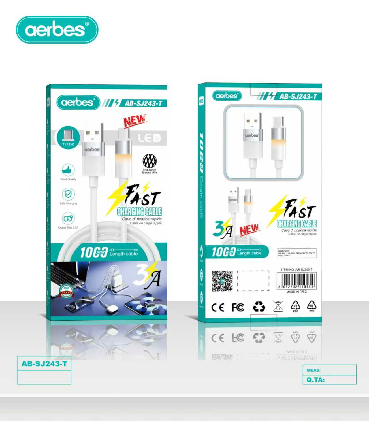 Кабель USB - Type-C Aerbes AB-SJ243-T з LED підсвіткою швидка зарядка 3A 1м білий Кабель USB - Type-C Aerbes AB-SJ243-T з LED підсвіткою швидка зарядка 3A 1м білий