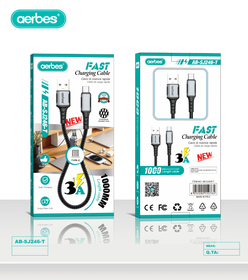 Кабель для швидкого заряджання Aerbes AB-SJ246-T USB - Type-C 3A 1м плетений чорний Кабель для швидкого заряджання Aerbes AB-SJ246-T USB - Type-C 3A 1м плетений чорний