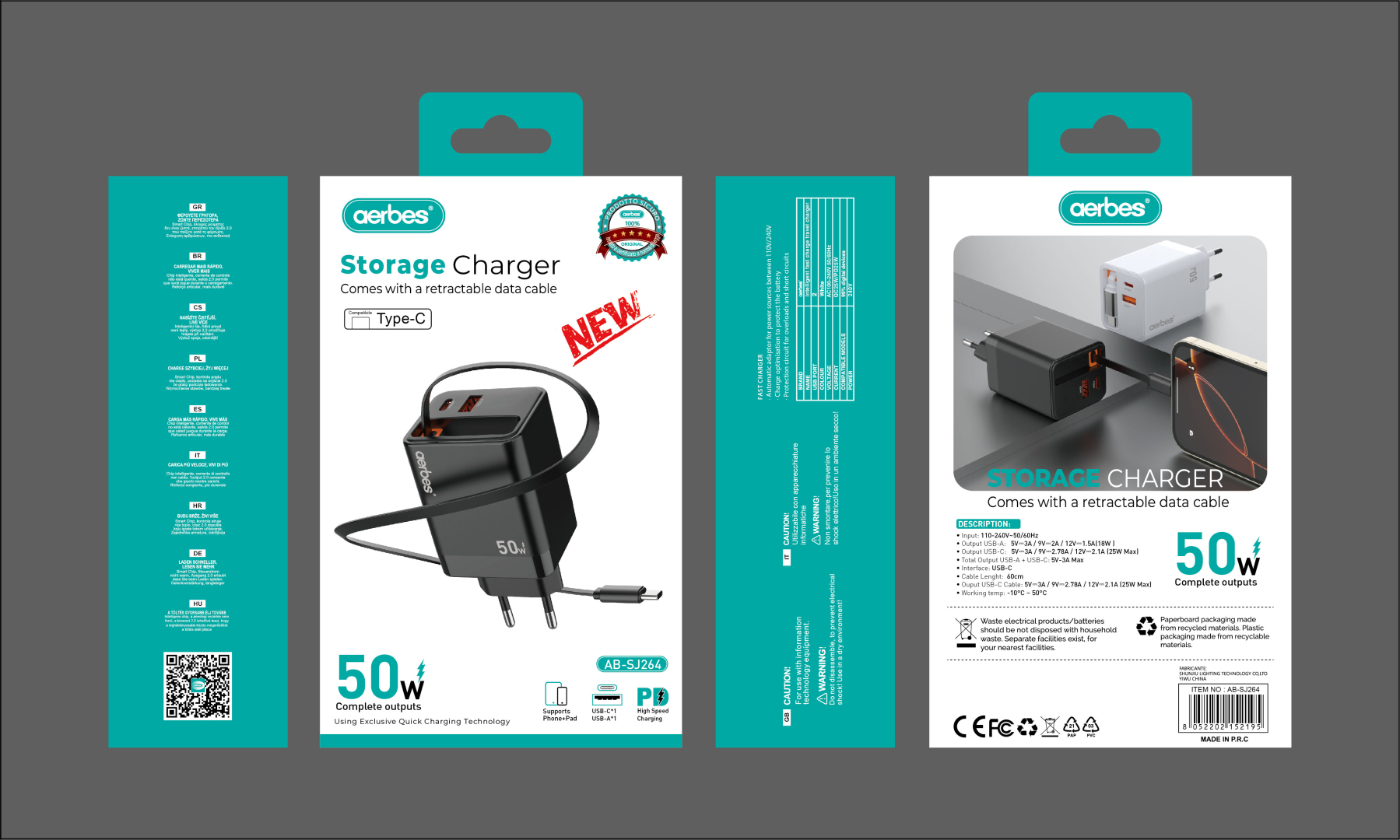 Мережевий зарядний пристрій Aerbes AB-SJ264 50W з вбудованим кабелем Type-C, USB-A + USB-C Мережевий зарядний пристрій Aerbes AB-SJ264 50W з вбудованим кабелем Type-C, USB-A + USB-C