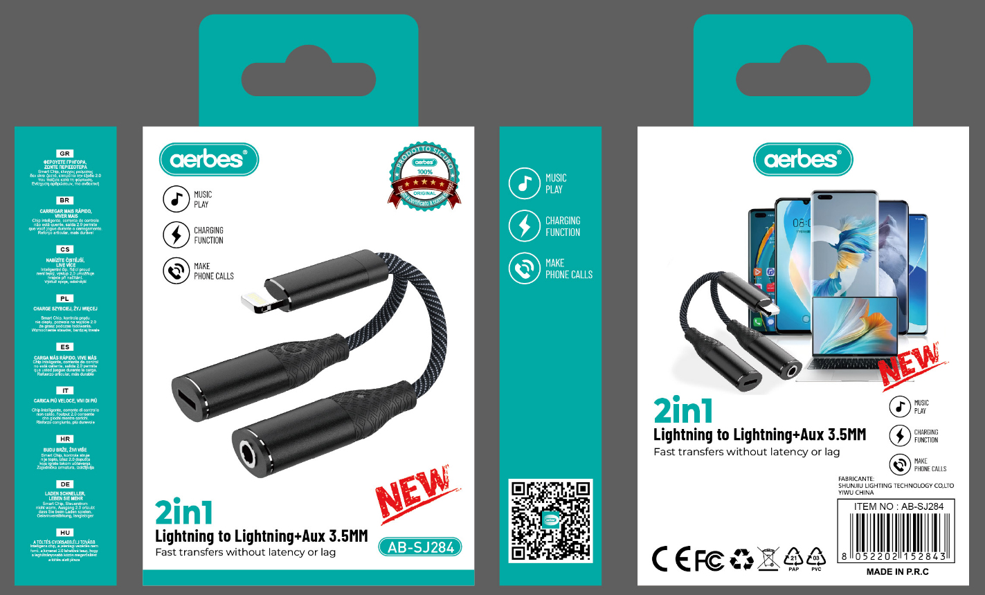 Перехідник 2в1 Lightning на Lightning + AUX 3.5mm Aerbes AB-SJ284 для iPhone чорний Перехідник 2в1 Lightning на Lightning + AUX 3.5mm Aerbes AB-SJ284 для iPhone чорний