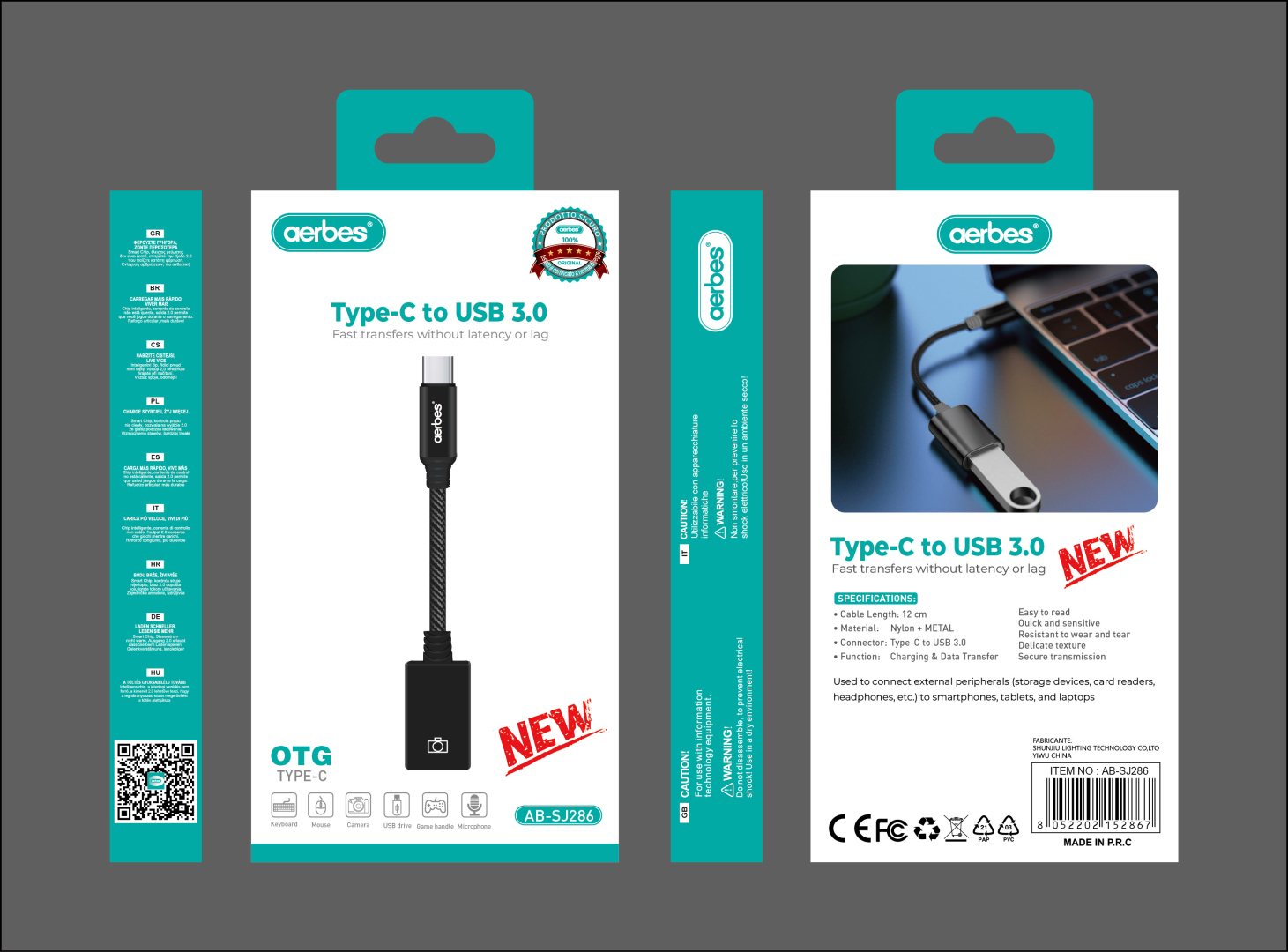 OTG адаптер Aerbes AB-SJ286 Type-C до USB 3.0 кабель нейлон 12 см черный OTG адаптер Aerbes AB-SJ286 Type-C до USB 3.0 кабель нейлон 12 см черный