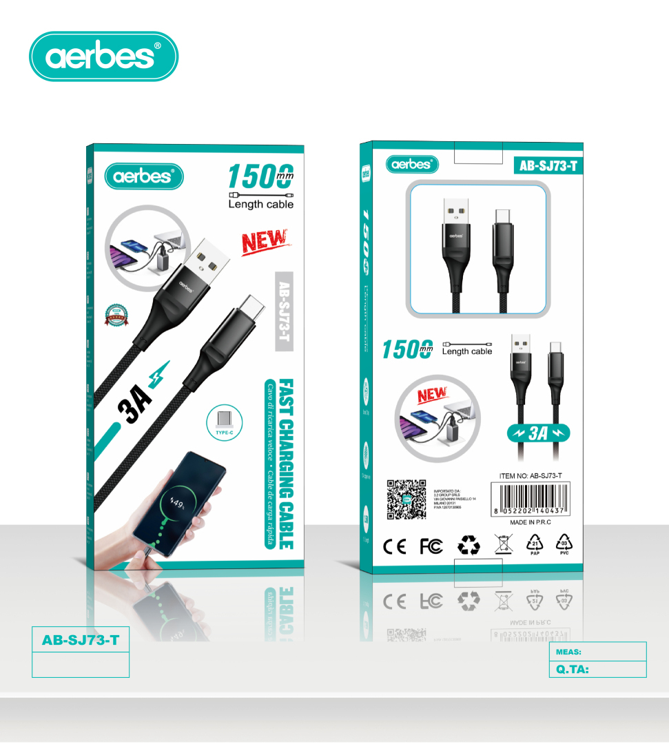 Кабель USB - Type-C Aerbes AB-SJ73-T швидка зарядка 3A плетений 1.5 м чорний Кабель USB - Type-C Aerbes AB-SJ73-T швидка зарядка 3A плетений 1.5 м чорний