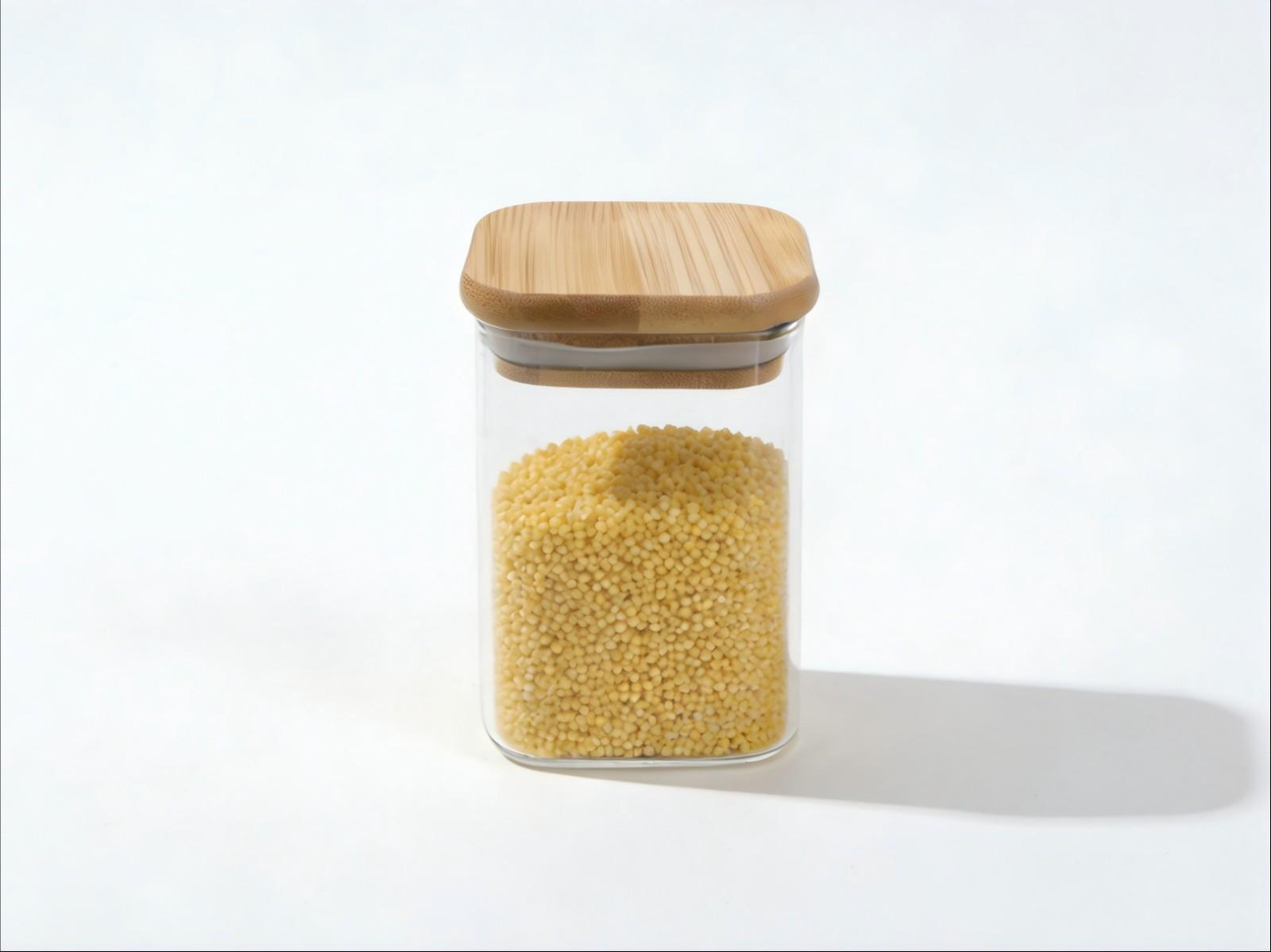 Скляна банка для зберігання сипучих продуктів з бамбуковою кришкою квадратна Скляна банка для зберігання сипучих продуктів з бамбуковою кришкою квадратна