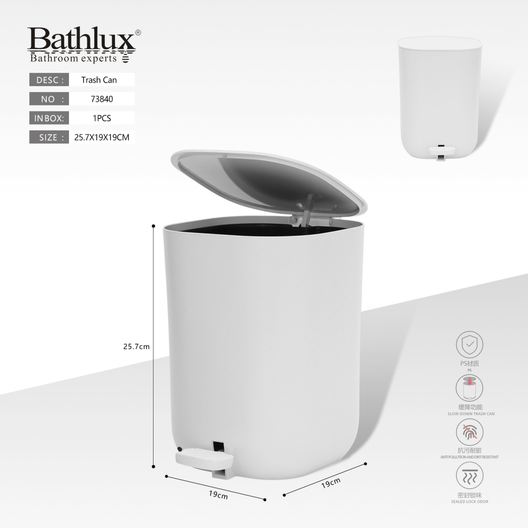 Відро для сміття Bathlux з педаллю біле 5л - пластикове з повільним закриттям кришки 25.7x19x19 см Відро для сміття Bathlux з педаллю біле 5л - пластикове з повільним закриттям кришки 25.7x19x19 см