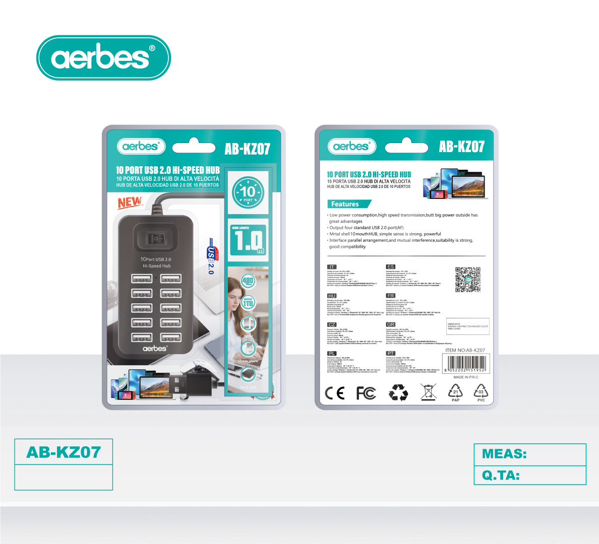 USB-хаб на 10 портів aerbes AB-KZ07, кабель 1 м USB-хаб на 10 портів aerbes AB-KZ07, кабель 1 м