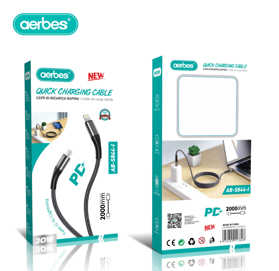Кабель Type-C – Lightning aerbes AB-S844-I для швидкої зарядки iPhone PD, 1 м Кабель Type-C – Lightning aerbes AB-S844-I для швидкої зарядки iPhone PD, 1 м