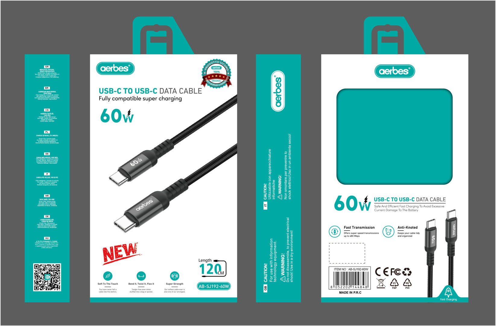 Кабель Type-C – Type-C aerbes AB-SJ192-60W для швидкої зарядки 60 Вт, 1,2 м Кабель Type-C – Type-C aerbes AB-SJ192-60W для швидкої зарядки 60 Вт, 1,2 м