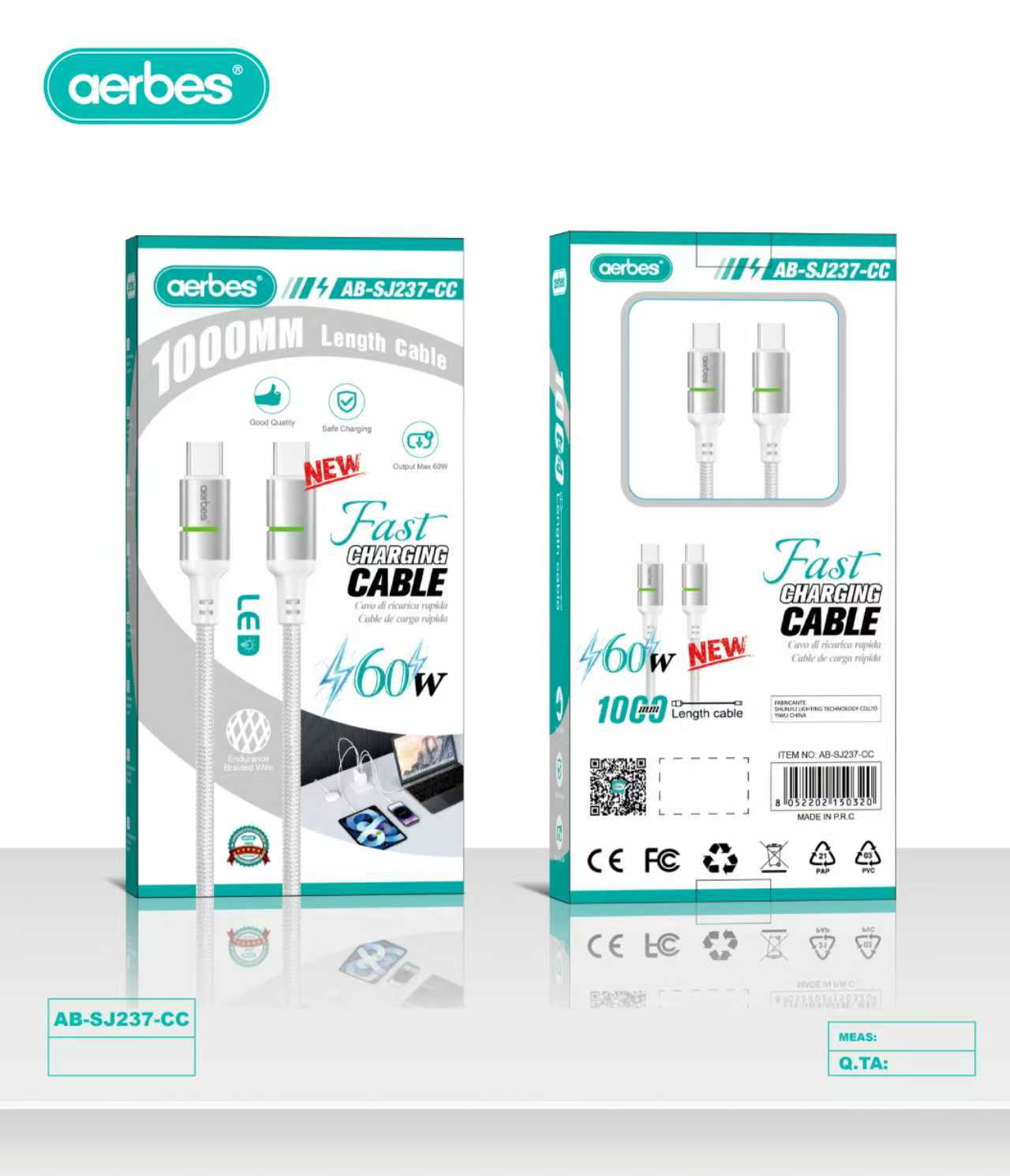 Кабель Type-C – Type-C aerbes AB-SJ237-CC з LED-індикатором, 60 Вт, 1 м Кабель Type-C – Type-C aerbes AB-SJ237-CC з LED-індикатором, 60 Вт, 1 м