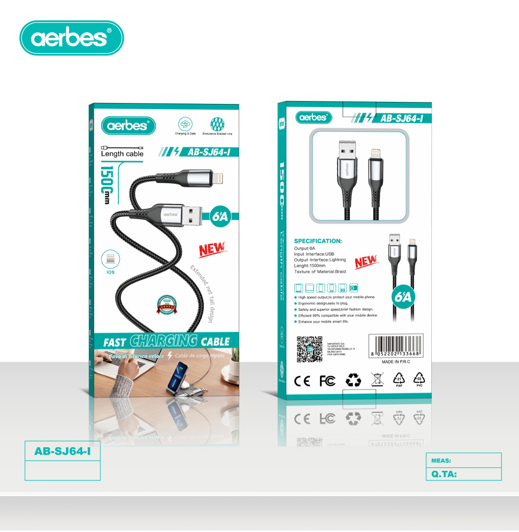 Кабель USB – Lightning в оплітці aerbes AB-SJ64-I, швидка зарядка, 1,5 м Кабель USB – Lightning в оплітці aerbes AB-SJ64-I, швидка зарядка, 1,5 м