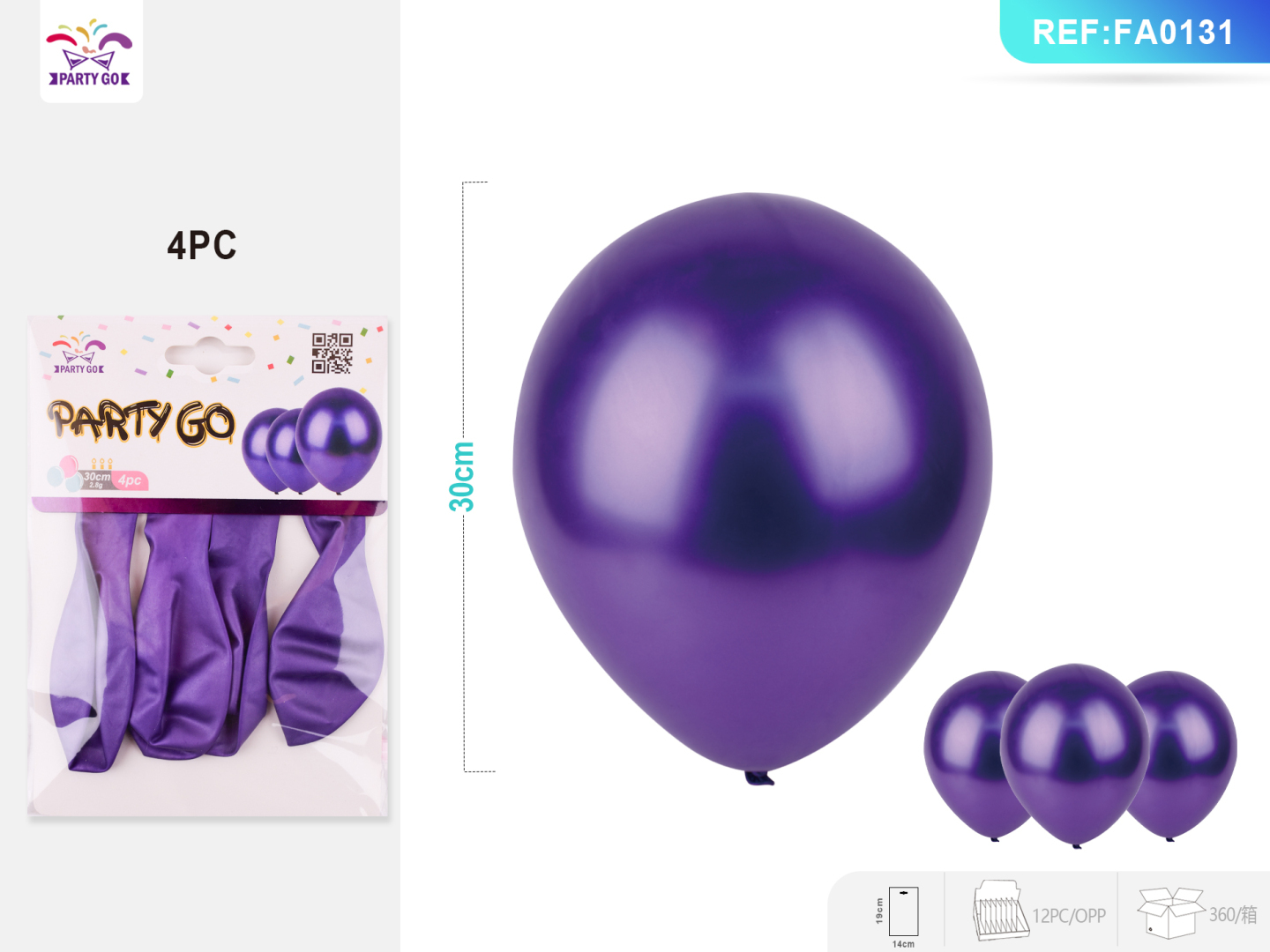 Шары латексные хромированные металлик Party GO, фиолетовые, 4 шт Шары латексные хромированные металлик Party GO, фиолетовые, 4 шт